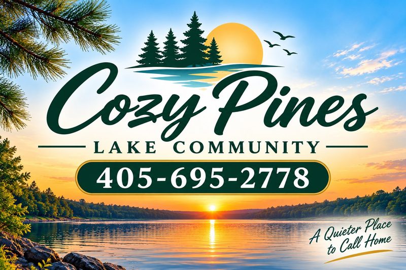 Cozy Pines Lake Community sign over a sunset on the lake
