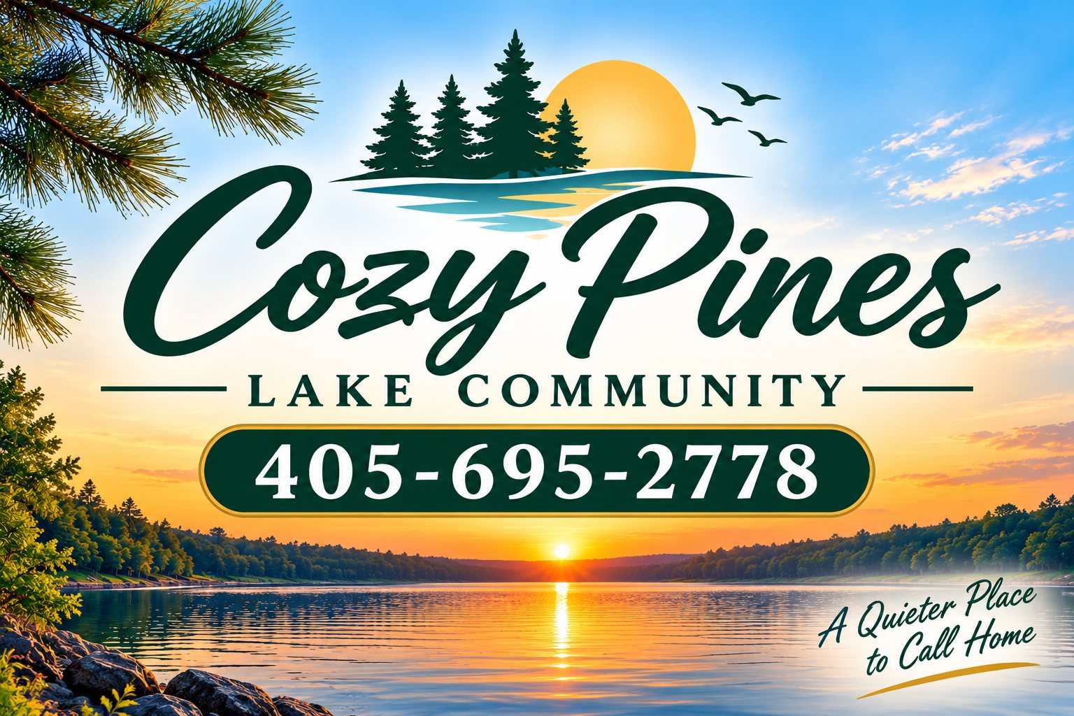 Cozy Pines Lake Community sign over a sunset on the lake