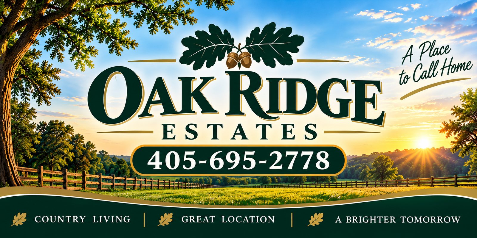 Oak Ridge Estates sign over a fenced pasture at sunrise